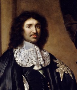 细节：“让·巴蒂斯特 (Jean-Baptiste) Colbert (1619-1683) 路易十四大臣的肖像”” Claude Lefebvre (1632-1675) 的绘画。 1666 太阳。 1,3x0,96 m