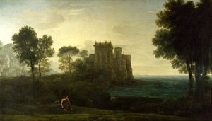 ""Paysage avec Psyche devant le palais de Cupidon"" ou ""le palais enchante"" (Landscape with Psyche outside the palace of Cupid or the enchanted castle) Peinture de Claude Lorrain (1600-1682) Oil on canvas 1664 Dim 87,1x151,3 cm National Gallery, Londres 作者 克劳德·洛兰