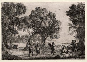 与乡村舞蹈小盘子的风景，c。 1637。 作者 克劳德·洛兰