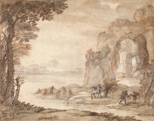 珀尔修斯和珊瑚的起源，c.1671（黑色粉笔，棕褐色和黑色墨水，棕褐色和灰色洗白色） 作者 克劳德·洛兰