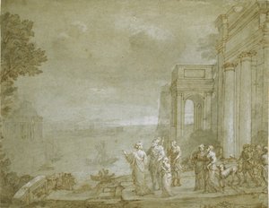 观察迦太基与Dido和Aeneas，1676年（笔和墨水与洗涤和粉笔，在纸上加白色） 作者 克劳德·洛兰