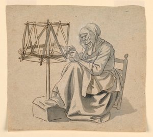 素描，纺纱的老妇人，1810-30 年 作者 克劳德·路易·德斯赖斯