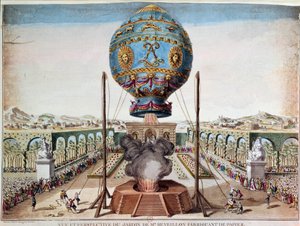Montgolfiere 兄弟于 1783 年 10 月 19 日在巴黎圣安东尼郊区 Reveillon 先生的花园中的经历。 Desrais Claude Louis Desrais (1746-1816) 的雕刻