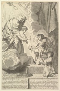 奥地利的安妮（Anne）与年轻的路易十四（Louis XIV）和先生（Monsieur）在处女和儿童安妮dAutr ...之前。 作者 克劳德·梅伦