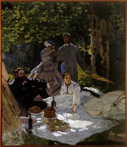 在草片段的早餐。 左侧部分。 右侧：从左到右代表 Gustave Courbet、Camille Doncieux 和 Frederic Bazille（站在中间）。 克劳德·莫奈 (1840-1926) 1865-1866 年作画 2,48x2,17 m 巴黎，奥赛博物馆。 作者 克劳德·莫奈