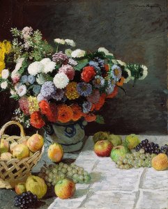 用鲜花和水果静物。 1869年 作者 克劳德·莫奈