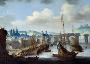 鲁昂市的风景船只停泊在塞纳河畔。 Claude de Jongh绘画