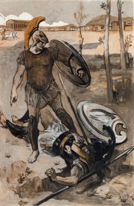 赫克托耳之死赫克托耳被阿喀琉斯杀死。克莱门特-贡蒂埃（1876-1918 年）为霍梅尔的《伊利亚特》（奥美罗）绘制的插图。巴黎，亨利-劳伦斯