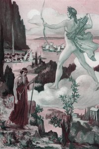 召唤。阿波罗的愤怒祭司克瑞斯祈求阿波罗说："让希腊人被你的箭射走吧，他们让我流下了眼泪！".克莱门特-贡蒂埃（1876-1918 年）为霍梅尔的《伊利亚特》（奥美罗）绘制的插图。巴黎，亨利-劳伦斯