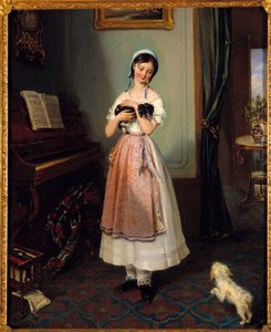一个年轻的女孩在资产阶级的室内装饰与两只狗。 Clementine de Bar (1807-1856) 的绘画，十九世纪巴黎，Galerie Garoche 作者 克莱门汀德巴尔
