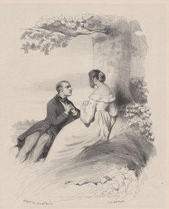 男子向被头发遮住脸的女子求婚，约1830-65年。