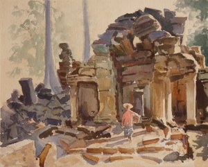 2000 年，清晨，Ta Promh 入口（水彩画） 作者 克莱夫·威尔逊