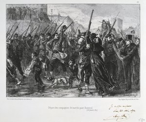 1870-1871年普法战争。1871年1月19日，凡尔赛附近的布森瓦尔（Valerien山）之战。国民卫队在战斗中行进并被打败。选自克莱门特-奥古斯特-安德烈关于国民卫队的系列石版画。