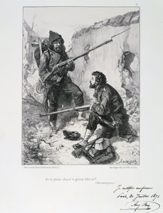 1870-1871年普法战争。1870年9月19日-1871年1月28日的巴黎围攻战。1870年9月，帮助保卫巴黎的机动部队抵达。来自克莱门特-奥古斯特-安德烈关于国民卫队的石版画系列。