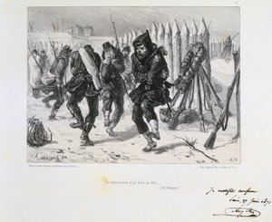1870-1871年普法战争。1870年9月19日至1871年1月28日围攻巴黎。城墙上的士兵们在跳动取暖。摘自克莱门特-奥古斯特-安德里厄关于国民卫队的一系列石版画作品。