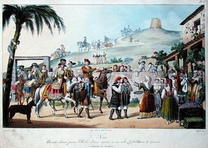 意大利卡利亚里地区的婚礼队伍，Bezard 1825年雕刻（彩色平版印刷）。 作者 科米诺蒂（Cominotti）