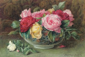 一碗粉红色，黄色和红色玫瑰静物画，1883年 作者 康斯坦斯·劳森