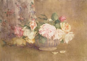 一盆粉色、黄色和白色的玫瑰（纸上水彩画） 作者 康斯坦斯·沃尔顿