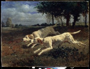 奔跑的狗》（Chiens a la course）。康斯坦特罗永（1810-1865 年）的画作。布面油画，75 x 11 厘米 作者 永恒埃米尔特罗永