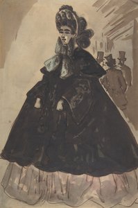 戴着帽子和大衣的女士，19世纪。