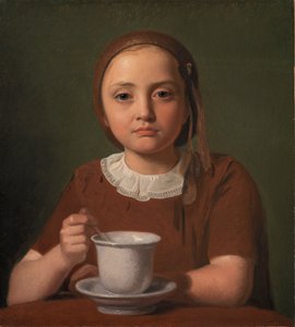 一个小女孩的肖像，EliseKøbke，在她面前的一个杯子，1850年