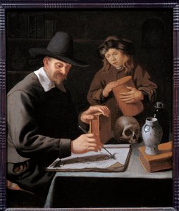 画家和他的学生。 一个学徒在笔记本上观察他的主人的绘画。 康斯坦丁 Verhout（或 Voorhout）的绘画（Vanite） 作者 康斯坦丁·维尔豪特（Constantin Verhout）或沃豪特（Voorhout）