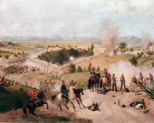 美墨战争：1847 年 8 月 9 日莫利诺德尔雷战役的景色 - （美墨战争，莫利诺德尔雷战役的景色）康斯坦蒂诺埃斯卡兰特（1836-1868）的细节绘画 作者 君士坦丁·埃斯卡兰特（Constantin Escalante）