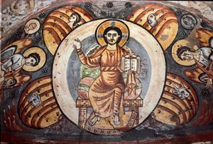 Coptic art: “Christ in majesty (in glory)””. The symbols of the four evangelists (Tetramorph: the Angel, the Eagle, the Bull and the Lion). Fresco decorating a niche, 5th-6th century. Cairo, Coptic Museum, Egypt