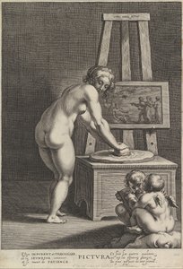 Pictura：绘画的寓言，中间是一个裸体女人在磨颜料，两页，约1610-50。