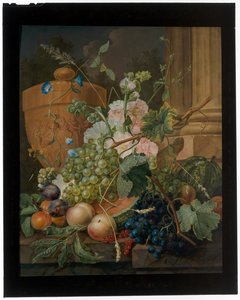 水果和花朵的静物画，壁架上有一个赤土陶罐 作者 科内利斯·约翰内斯·沙尔杰