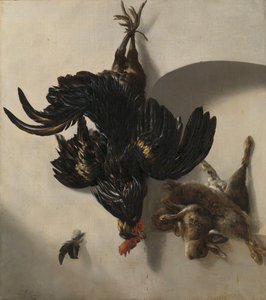 有黑公鸡和两只兔子的静物 作者 科内利斯·莱连伯格