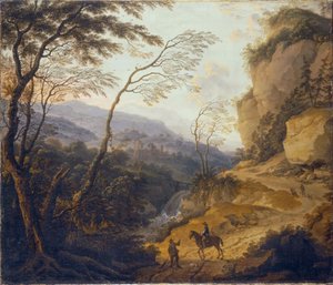 荷兰语: 山景，一位骑士和一位猎人在交谈
