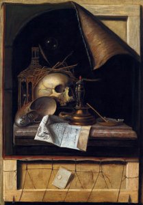 "消失的自然》（Vanitas静物） Cornelis Norbertus Gysbrechts或Gijsbrechts（1630 - 1675）的绘画作品 布面油画 Dim 89x62 cm 私人收藏