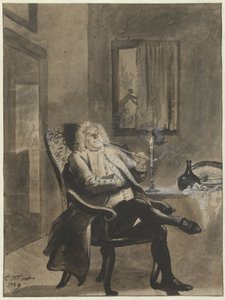 坐着的男人在烛光下抽烟斗，外面的房子却在燃烧 作者 Cornelis Troost