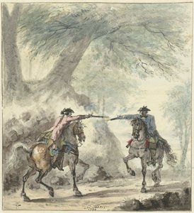 两名骑兵在林间小道上相遇并相互射击 作者 Cornelis Troost