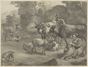 牧羊人与缝衣牧羊女的风景画 作者 科内利斯·维舍尔 (II)