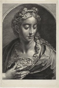 雅典娜》，选自 Cabinet Reynst; Variarum imaginum a celeberrimis artificibus pictarum Caelaturae（《雷恩斯特内阁：著名艺术家绘制的各种图像的雕刻》）。 作者 科尼利斯·维舍