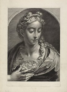 雅典娜》，选自 Cabinet Reynst; Variarum imaginum a celeberrimis artificibus pictarum Caelaturae（《雷恩斯特内阁：著名艺术家绘制的各种图像的雕刻》）。 作者 科尼利斯·维舍