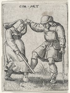 一个男人用绷带的脚与一个女人共舞，1572年（在纸上雕刻）