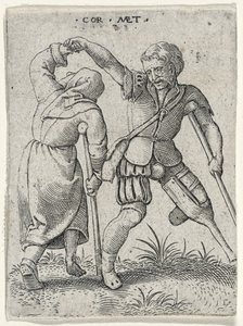 一个男人用木腿转动一个瘸腿的女人在他的胳膊下，1572年（雕刻在纸上）