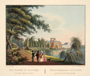 在Soestdijk的Lustslot，从花园看。 1825年（1856年）手工制作的de Soestdijk奖项（手工彩色雕刻）