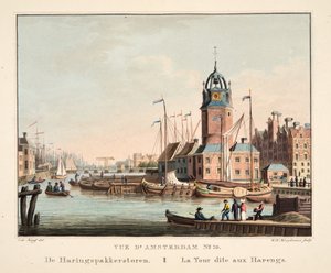 阿姆斯特丹10号的视图。来自Haringspakkerstoren。鲱鱼塔，1825年（手工彩色雕刻）