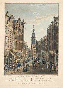 Vue d&39;Amsterdam No.22。 Kalverstraat，从Heiligeweg到Munt。 Le Kalverstraat，et la Tour de la Monnoye，1825（手工彩色雕刻）