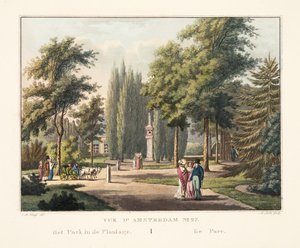 Vue d&39;Amsterdam No.27。种植园中的公园。 Le Parc，1825年（手工彩色雕刻）