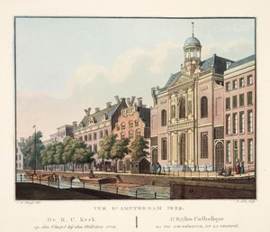 阿姆斯特丹29号的视图。来自RC Kerk op den Cingel bij den Heiligen weg。天主教会信仰，希望和慈善，1825年（手工彩色雕刻）