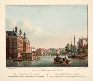 Vue d&39;Amsterdam No.38。 Diaconie Weeshuis de Blaauw桥和豌豆市场的尽头。 La Maison des Orphelins选择Diaconie，le Pont这个Blaauw桥，1825年（手工彩色雕刻）