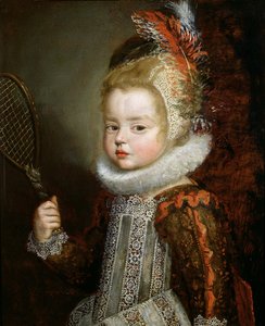 一个孩子拿着球拍的肖像（面板上的油） 作者 Cornelis de Vos