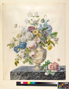 大理石花瓶混合花在大理石架子上，c.1800