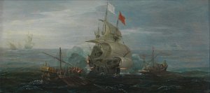 一艘法国船和巴巴里海盗，约 1615 年（橡木板上油画） 作者 科尼利厄斯·波尔（Cornelius Bol）