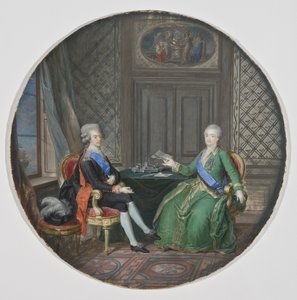 瑞典的古斯塔夫三世（1746-1792）和俄罗斯的凯瑟琳二世（1729-1796）在弗雷德里克萨姆（今芬兰哈米纳）--瑞典国王古斯塔夫三世和俄罗斯的凯瑟琳二世在弗雷德里克萨姆，由霍耶，科内利斯（1741-1804）创作。羊皮纸上的水彩画 作者 科尼利厄斯·霍尔（Cornelius Hoyer）